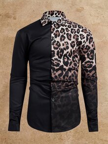 HIMLAND Men Leopard Print Color Block Shirt, Long Sleeve Button Front Top, Slim Fit Casual Streetwear, Soft Stretch Woven Fabric, Retro Fall Going Out Shirt - Multicolor - View 6