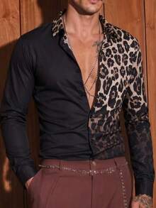 HIMLAND Men Leopard Print Color Block Shirt, Long Sleeve Button Front Top, Slim Fit Casual Streetwear, Soft Stretch Woven Fabric, Retro Fall Going Out Shirt - Multicolor - View 7