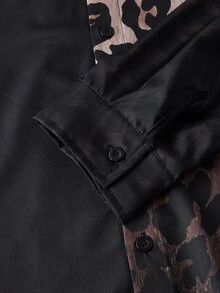 HIMLAND Men Leopard Print Color Block Shirt, Long Sleeve Button Front Top, Slim Fit Casual Streetwear, Soft Stretch Woven Fabric, Retro Fall Going Out Shirt - Multicolor - View 4
