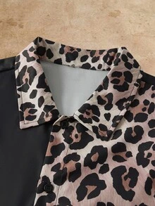 HIMLAND Men Leopard Print Color Block Shirt, Long Sleeve Button Front Top, Slim Fit Casual Streetwear, Soft Stretch Woven Fabric, Retro Fall Going Out Shirt - Multicolor - View 3