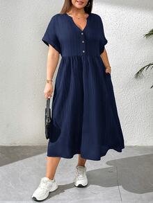 Shapeblank Plus Size Women's Navy Blue Summer Casual Elegant Traditional Dress, V-Neck Short Sleeve Mid-Length Vacation Pockets Texture Fabric Outfits Formal - Navy Blue - View 4