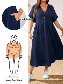 Shapeblank Plus Size Women's Navy Blue Summer Casual Elegant Traditional Dress, V-Neck Short Sleeve Mid-Length Vacation Pockets Texture Fabric Outfits Formal - Navy Blue - View 3