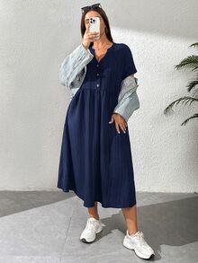 Shapeblank Plus Size Women's Navy Blue Summer Casual Elegant Traditional Dress, V-Neck Short Sleeve Mid-Length Vacation Pockets Texture Fabric Outfits Formal - Navy Blue - View 7