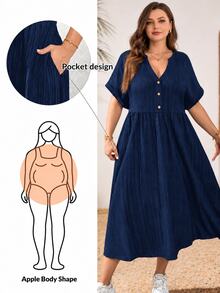 Shapeblank Plus Size Women's Navy Blue Summer Casual Elegant Traditional Dress, V-Neck Short Sleeve Mid-Length Vacation Pockets Texture Fabric Outfits Formal - Navy Blue - View 1
