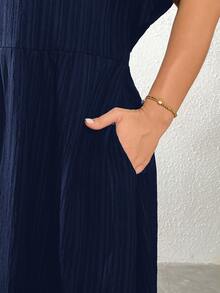 Shapeblank Plus Size Women's Navy Blue Summer Casual Elegant Traditional Dress, V-Neck Short Sleeve Mid-Length Vacation Pockets Texture Fabric Outfits Formal - Navy Blue - View 5