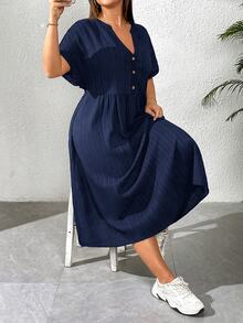 Shapeblank Plus Size Women's Navy Blue Summer Casual Elegant Traditional Dress, V-Neck Short Sleeve Mid-Length Vacation Pockets Texture Fabric Outfits Formal - Navy Blue - View 6