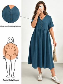 Shapeblank Plus Size Women's Dusty Blue Summer Casual Picnic V-Neck Short Sleeve Mid-Length Dress,Loose Comfortable Texture Fabric Work Dress With Pockets - Blue - View 1