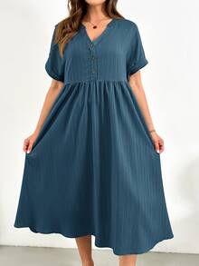 Shapeblank Plus Size Women's Dusty Blue Summer Casual Picnic V-Neck Short Sleeve Mid-Length Dress,Loose Comfortable Texture Fabric Work Dress With Pockets - Blue - View 6