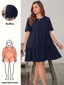 Shapeblank Plus Size Women's Navy Blue Summer Casual Everyday Dress,Loose Short Sleeve Ruffle Work Dress,Old Money Style Church Teacher Vacation Outfits - Navy Blue - View 4