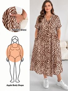 Shapeblank Plus Size Women's Spring/Summer Fashion Casual Loose Comfortable Daily Basic Versatile Slimming Brown Geometric Print V-Neck Short Sleeve Midi Dress With Pockets, Outdoor Wear - Brown - View 1