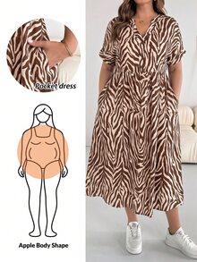 Shapeblank Plus Size Women's Spring/Summer Fashion Casual Loose Comfortable Daily Basic Versatile Slimming Brown Geometric Print V-Neck Short Sleeve Midi Dress With Pockets, Outdoor Wear - Brown - View 3