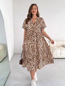 Shapeblank Plus Size Women's Spring/Summer Fashion Casual Loose Comfortable Daily Basic Versatile Slimming Brown Geometric Print V-Neck Short Sleeve Midi Dress With Pockets, Outdoor Wear - Brown - View 5
