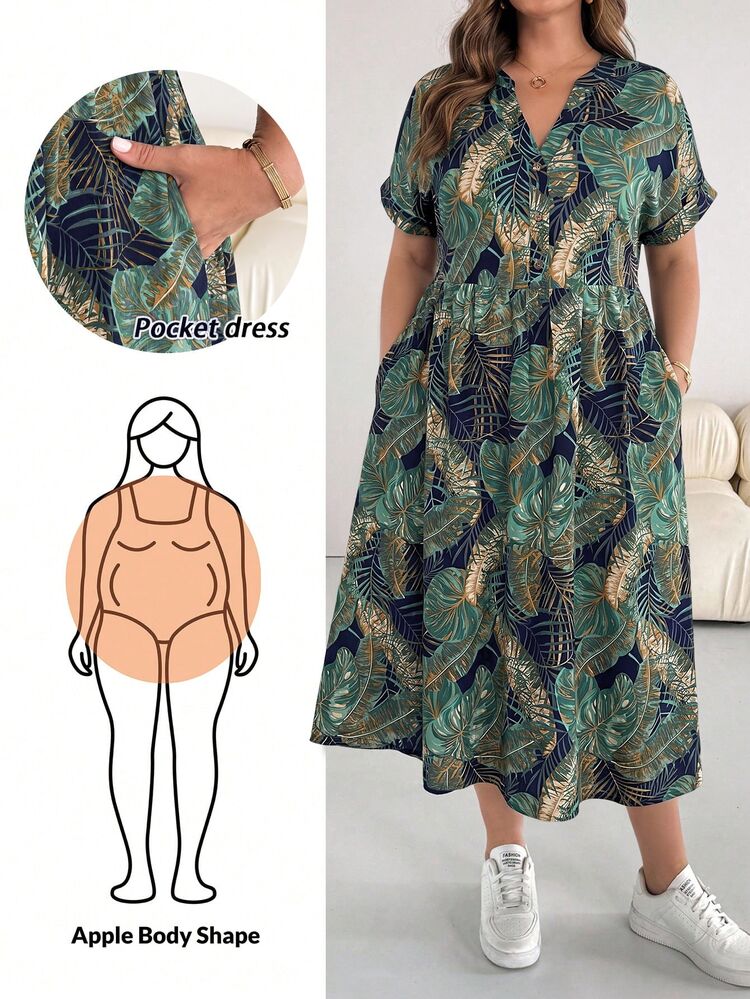 Shapeblank Plus Size Women's Spring/Summer Fashion Casual Loose Comfortable Daily Green Leaf Print V-Neck Short Sleeve Midi Dress With Pockets, Vacation Outfit, Green Dress - Green - View 3