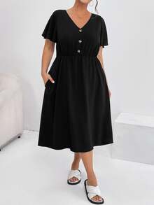 Shapeblank Women's Plus Size Summer Casual Vacation Waist V-Neck Short-Sleeved Pocket Black Conservative Dress - Black - View 5