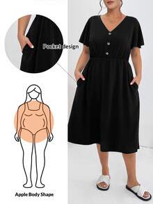 Shapeblank Women's Plus Size Summer Casual Vacation Waist V-Neck Short-Sleeved Pocket Black Conservative Dress - Black - View 4