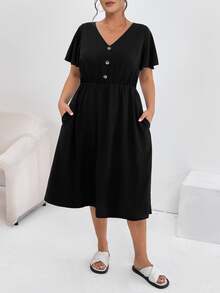 Shapeblank Women's Plus Size Summer Casual Vacation Waist V-Neck Short-Sleeved Pocket Black Conservative Dress - Black - View 8