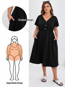 Shapeblank Women's Plus Size Summer Casual Vacation Waist V-Neck Short-Sleeved Pocket Black Conservative Dress - Black - View 2