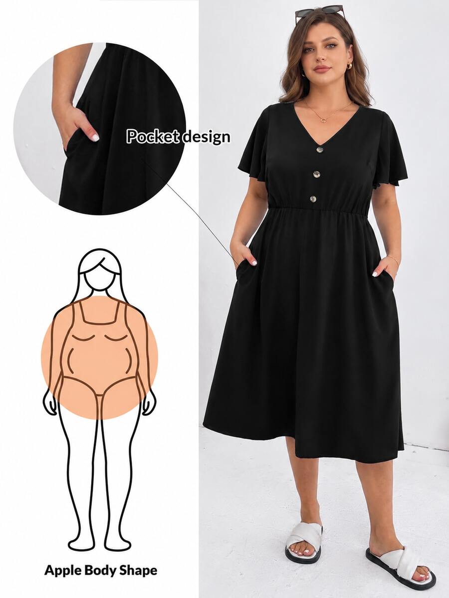 Shapeblank Women's Plus Size Summer Casual Vacation Waist V-Neck Short-Sleeved Pocket Black Conservative Dress