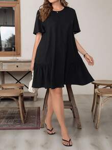 Shapeblank Plus Size Women's Black Short Dress,Sommar Smart Casual Business Casual Vacation Short Sleeve Loose Ruffles,Old Money Style Church Office Daily Basic - Black - View 5