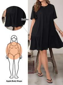Shapeblank Plus Size Women's Black Short Dress,Sommar Smart Casual Business Casual Vacation Short Sleeve Loose Ruffles,Old Money Style Church Office Daily Basic - Black - View 4