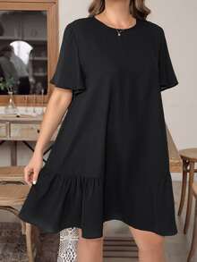 Shapeblank Plus Size Women's Black Short Dress,Sommar Smart Casual Business Casual Vacation Short Sleeve Loose Ruffles,Old Money Style Church Office Daily Basic - Black - View 7