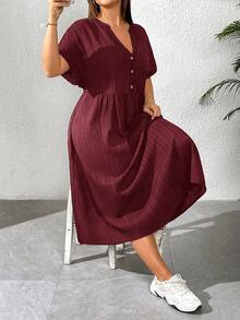 Shapeblank Plus Size Women's Summer Boho Holiday Burgundy V-Neck Short Sleeve Mid-Length Dress,Casual Loose Texture Fabric Work Dress With Pockets,Church Clothes - Burgundy - View 6