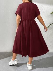 Shapeblank Plus Size Women's Summer Boho Holiday Burgundy V-Neck Short Sleeve Mid-Length Dress,Casual Loose Texture Fabric Work Dress With Pockets,Church Clothes - Burgundy - View 2