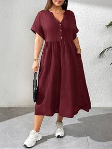 Shapeblank Plus Size Women's Summer Boho Holiday Burgundy V-Neck Short Sleeve Mid-Length Dress,Casual Loose Texture Fabric Work Dress With Pockets,Church Clothes - Burgundy - View 4