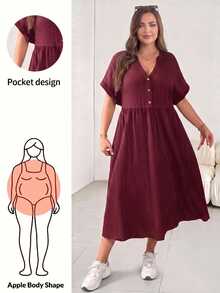Shapeblank Plus Size Women's Summer Boho Holiday Burgundy V-Neck Short Sleeve Mid-Length Dress,Casual Loose Texture Fabric Work Dress With Pockets,Church Clothes - Burgundy - View 1