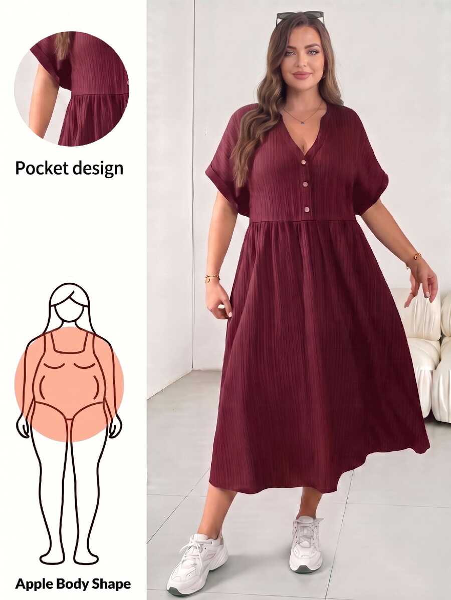Shapeblank Plus Size Women's Summer Boho Holiday Burgundy V-Neck Short Sleeve Mid-Length Dress,Casual Loose Texture Fabric Work Dress With Pockets,Church Clothes - Burgundy - View 1
