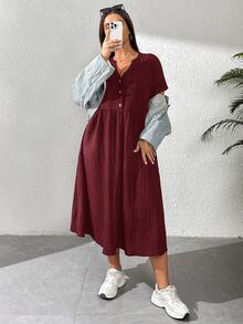 Shapeblank Plus Size Women's Summer Boho Holiday Burgundy V-Neck Short Sleeve Mid-Length Dress,Casual Loose Texture Fabric Work Dress With Pockets,Church Clothes - Burgundy - View 7