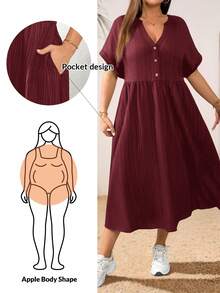 Shapeblank Plus Size Women's Summer Boho Holiday Burgundy V-Neck Short Sleeve Mid-Length Dress,Casual Loose Texture Fabric Work Dress With Pockets,Church Clothes - Burgundy - View 3