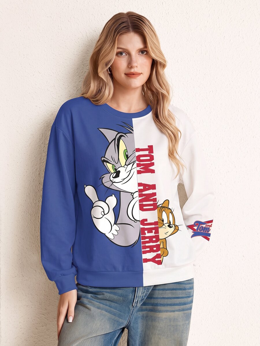 TOM & JERRY X SHEIN Women's Cute Cartoon Print Colorblock Crew Neck Long Sleeve Sweatshirt School Blue And White Streetwear - White - View 1