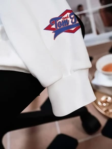 TOM & JERRY X SHEIN Women's Cute Cartoon Print Colorblock Crew Neck Long Sleeve Sweatshirt School Blue And White Streetwear - White - View 5