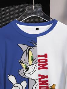 TOM & JERRY X SHEIN Women's Cute Cartoon Print Colorblock Crew Neck Long Sleeve Sweatshirt School Blue And White Streetwear - White - View 4