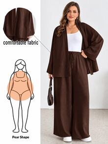 Shapeblank Plus-Size Women's Brown Autumn Smart Casual Traditional Everyday Long-Sleeved Cardigan Elastic Waist Wide-Leg Pant Set Loose Two Pieces Work Formal - Brown - View 4