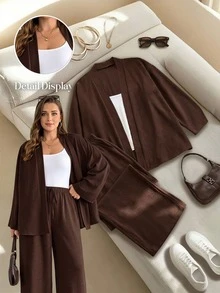 Shapeblank Plus-Size Women's Brown Autumn Smart Casual Traditional Everyday Long-Sleeved Cardigan Elastic Waist Wide-Leg Pant Set Loose Two Pieces Work Formal - Brown - View 9
