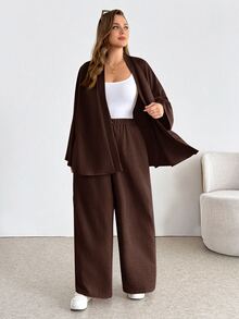 Shapeblank Plus-Size Women's Brown Autumn Smart Casual Traditional Everyday Long-Sleeved Cardigan Elastic Waist Wide-Leg Pant Set Loose Two Pieces Work Formal - Brown - View 6