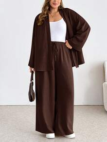 Shapeblank Plus-Size Women's Brown Autumn Smart Casual Traditional Everyday Long-Sleeved Cardigan Elastic Waist Wide-Leg Pant Set Loose Two Pieces Work Formal - Brown - View 8