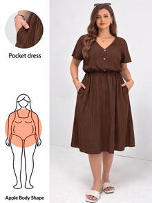Shapeblank Plus-Size Women's Spring/Summer Fashionable Casual Western Loose Comfortable Everyday Basic Versatile Textured Fabric Brown V-Neck Midi Dress - Brown - View 2