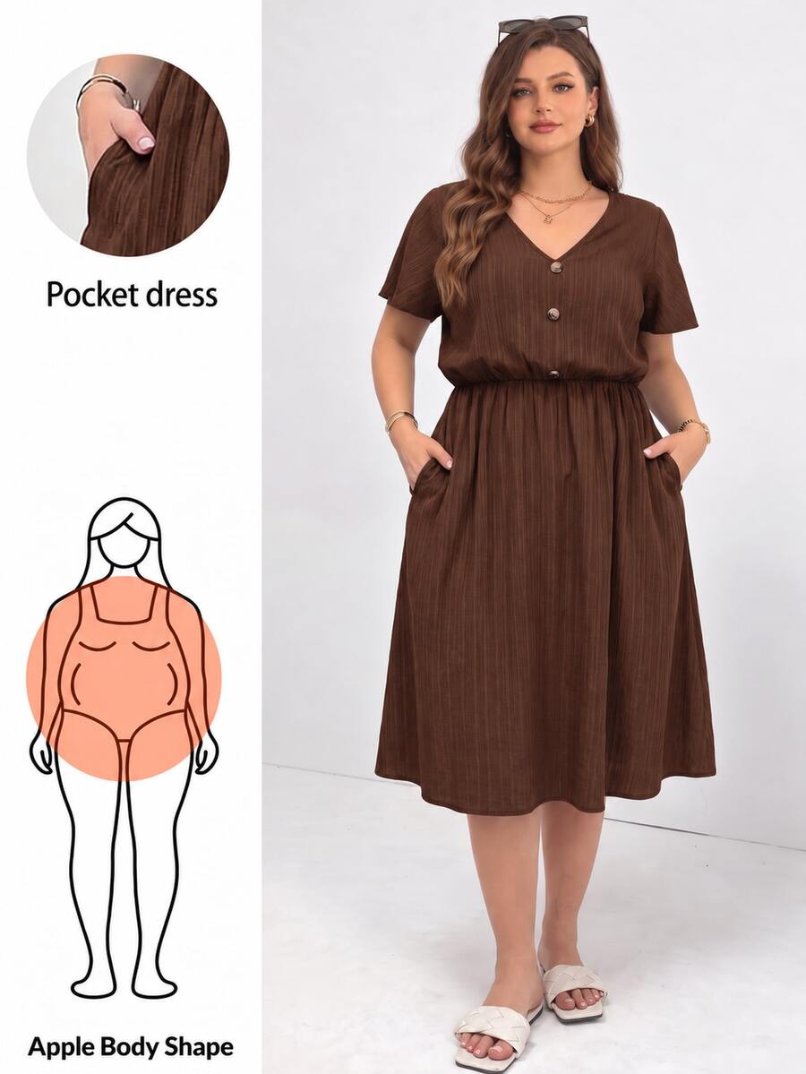 Shapeblank Plus-Size Women's Spring/Summer Fashionable Casual Western Loose Comfortable Everyday Basic Versatile Textured Fabric Brown V-Neck Midi Dress