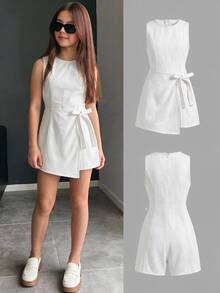 SHEIN Tween Girl Round Neck Kids Asymmetrical Hem Tie-Up Denim Overall Shorts - White - View 1