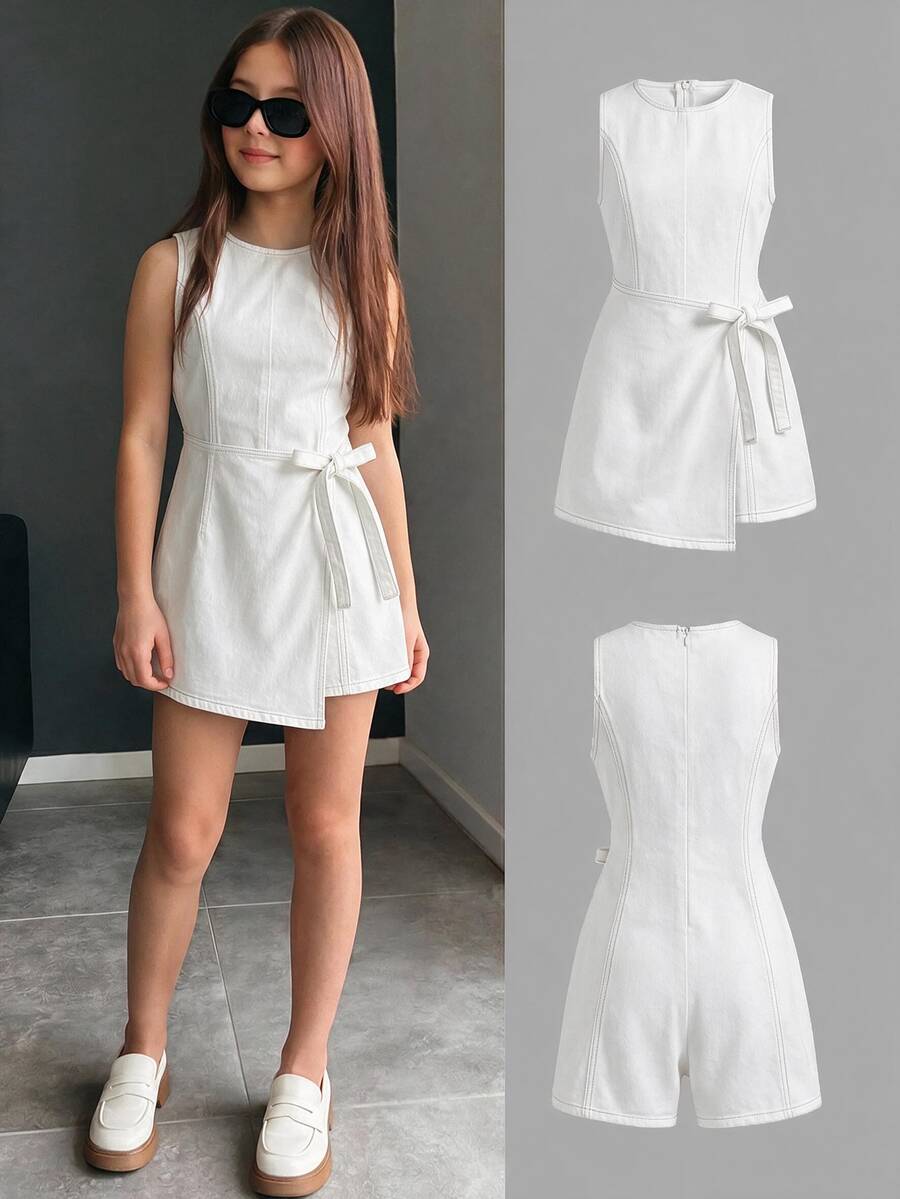SHEIN Tween Girl Round Neck Kids Asymmetrical Hem Tie-Up Denim Overall Shorts - White - View 1
