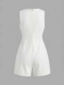 SHEIN Tween Girl Round Neck Kids Asymmetrical Hem Tie-Up Denim Overall Shorts - White - View 3