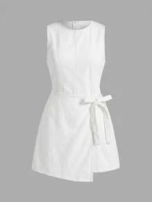 SHEIN Tween Girl Round Neck Kids Asymmetrical Hem Tie-Up Denim Overall Shorts - White - View 2