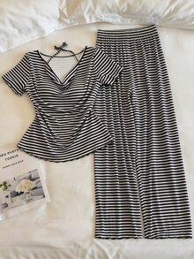 Resyla Women's Striped Short Sleeve Top And Long Pants Casual Daily 2 Pieces Set - Multicolor - View 1
