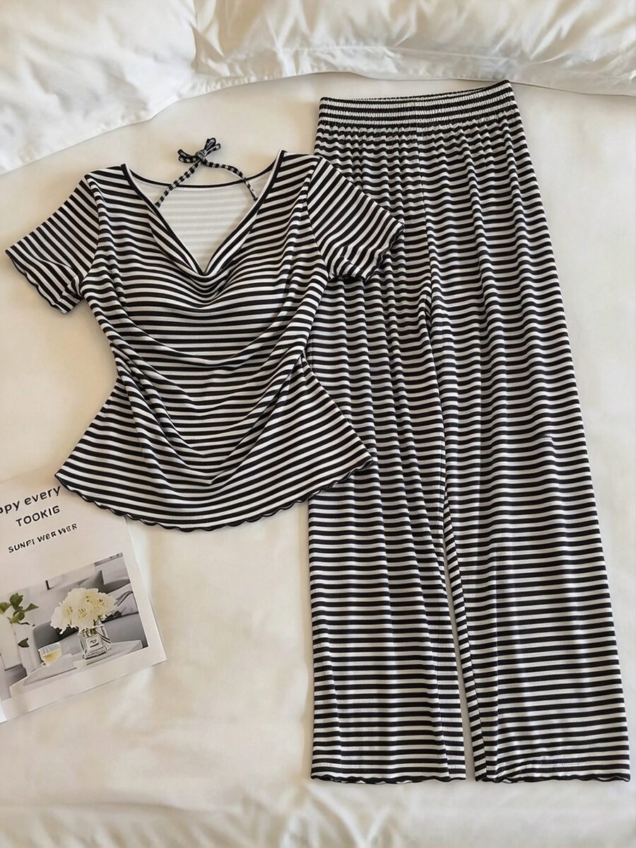 Resyla Women's Striped Short Sleeve Top And Long Pants Casual Daily 2 Pieces Set - Multicolor - View 1