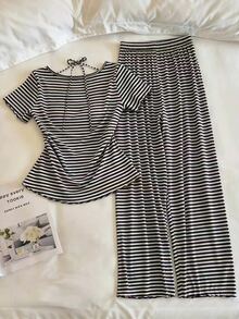Resyla Women's Striped Short Sleeve Top And Long Pants Casual Daily 2 Pieces Set - Multicolor - View 2