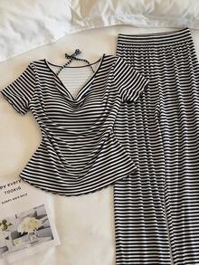 Resyla Women's Striped Short Sleeve Top And Long Pants Casual Daily 2 Pieces Set - Multicolor - View 3