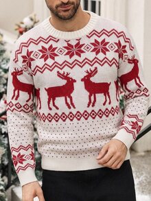 Manfinity Hypemode Men's Crew Neck Long Sleeve Pullover Sweater, Casual Jacquard Knit Autumn/Winter Clothing, Christmas Fair Isle Dropped Shoulder Versatile Deer & Snowflake Pattern Pullover Sweater - Beige - View 1